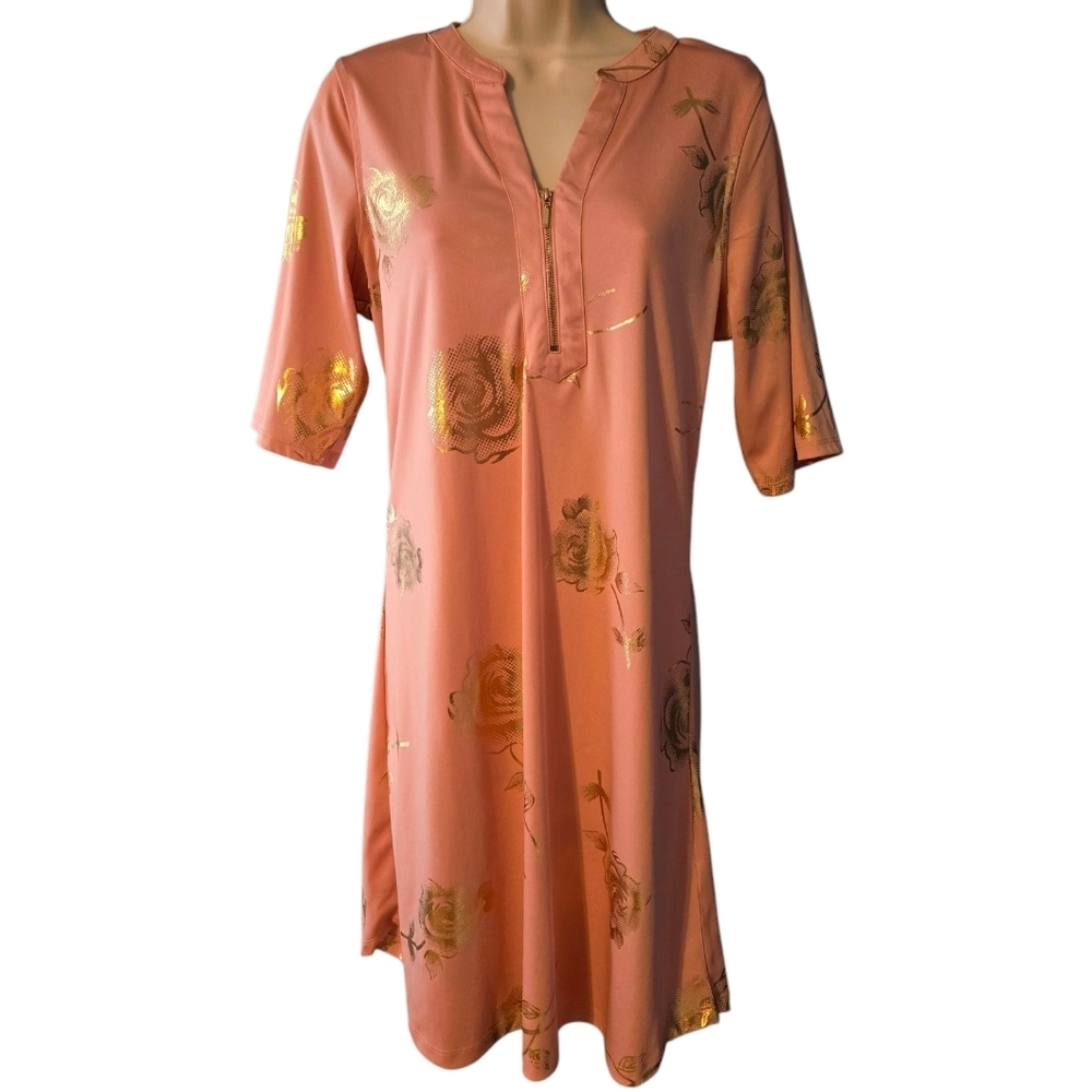 Pink‎ Dress with Gold Floral Accents And Gold Zip, Medium